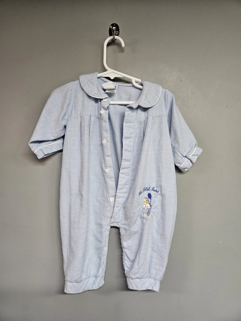 Vintage 6 Month Long Sleeve Blue Plaid Romper Embroidered Bear